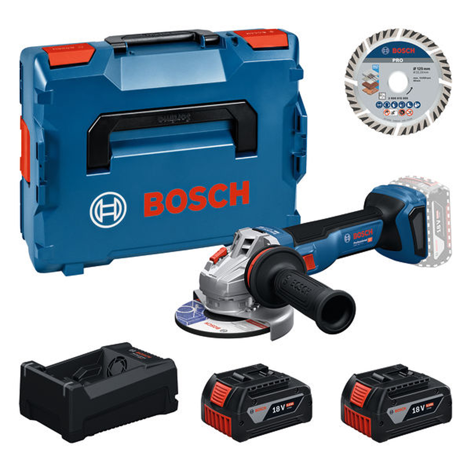 Bosch Werkzeug-Set: GWS 18V-11 S / 2x Akku GBA 5.0Ah + Ladegerät + Trennscheibe 125 in L-BOXX - 0615A500E6