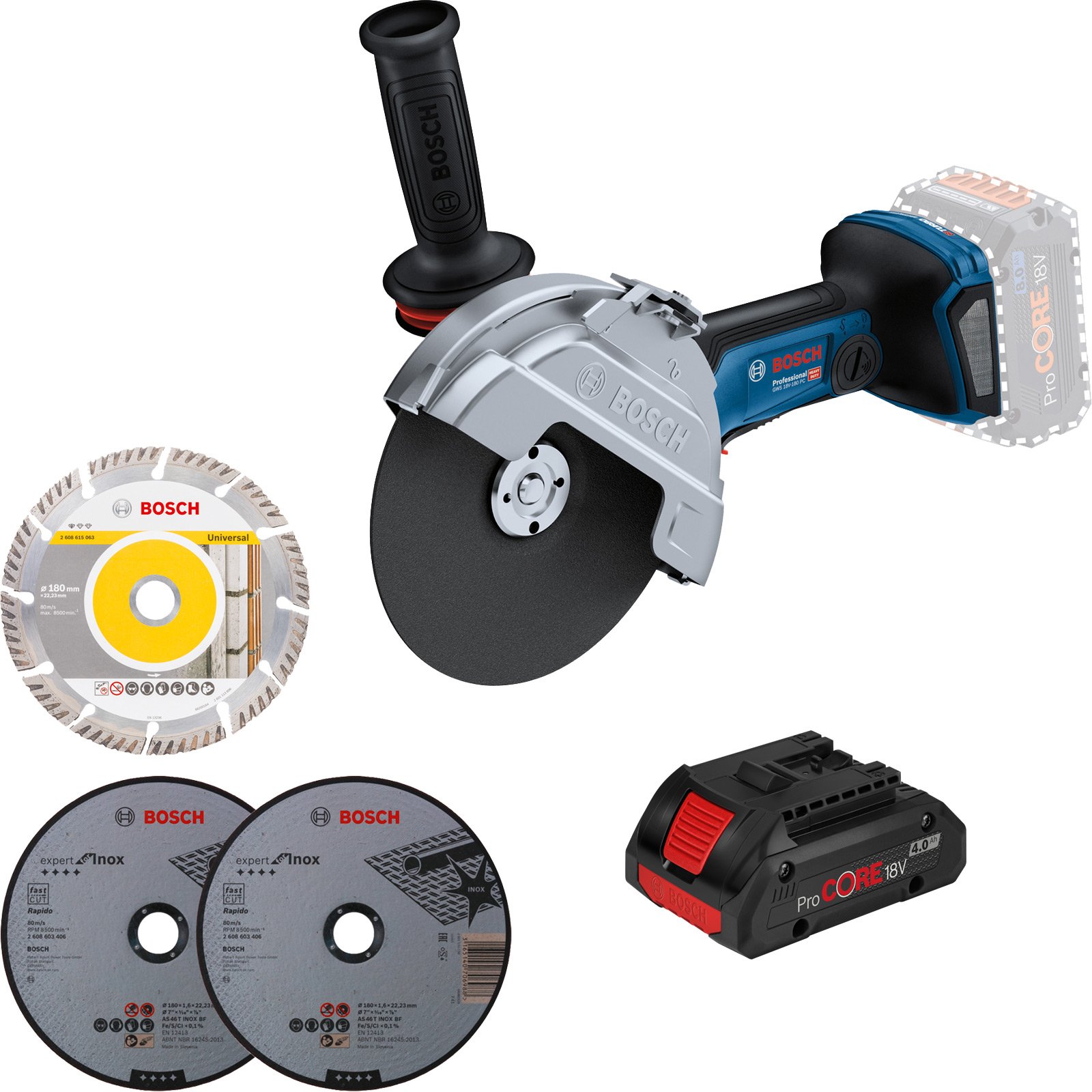 Bosch Akku-Winkelschleifer GWS 18V-180 PC Ø 180 mm / 1x 4,0 Ah ProCore