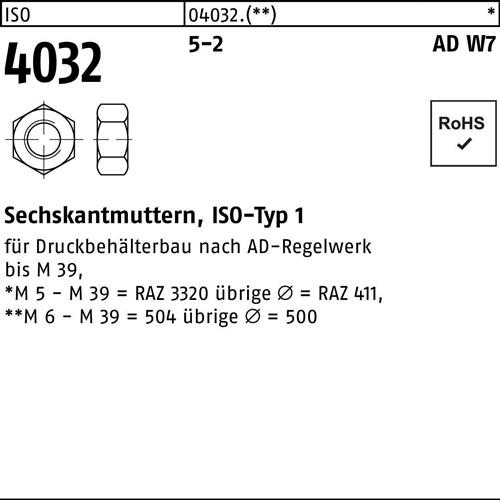 Sechskantmutter ISO 4032 M24 5-2 AD W7 50 Stück