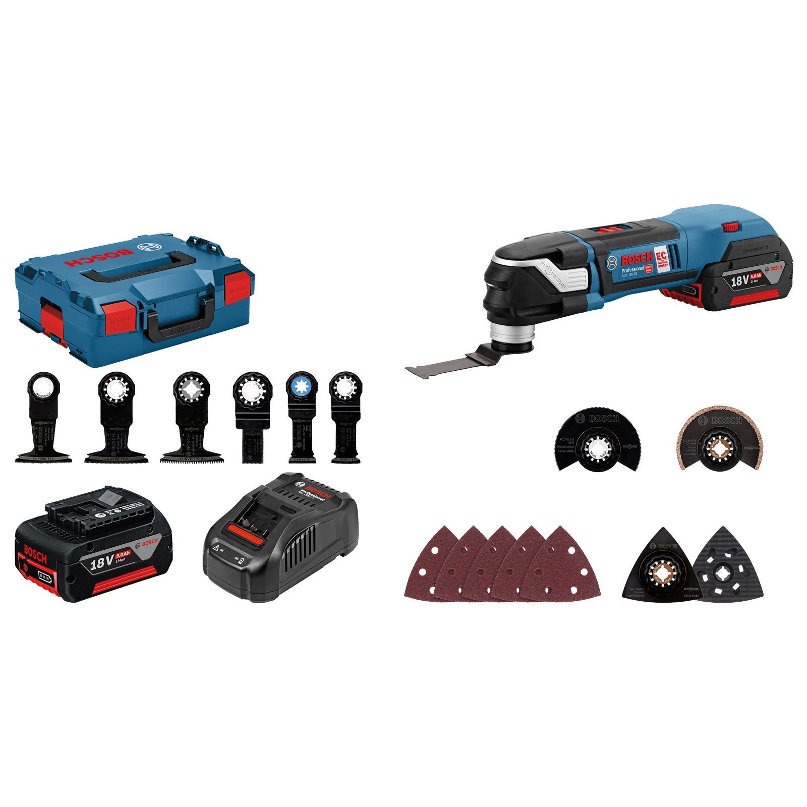 Bosch Akku-Multi-Cutter GOP 18V-28 / 2x 5,0 Ah Akku + Ladegerät inkl. Zubehör-Set in L-Boxx - 06018B6003