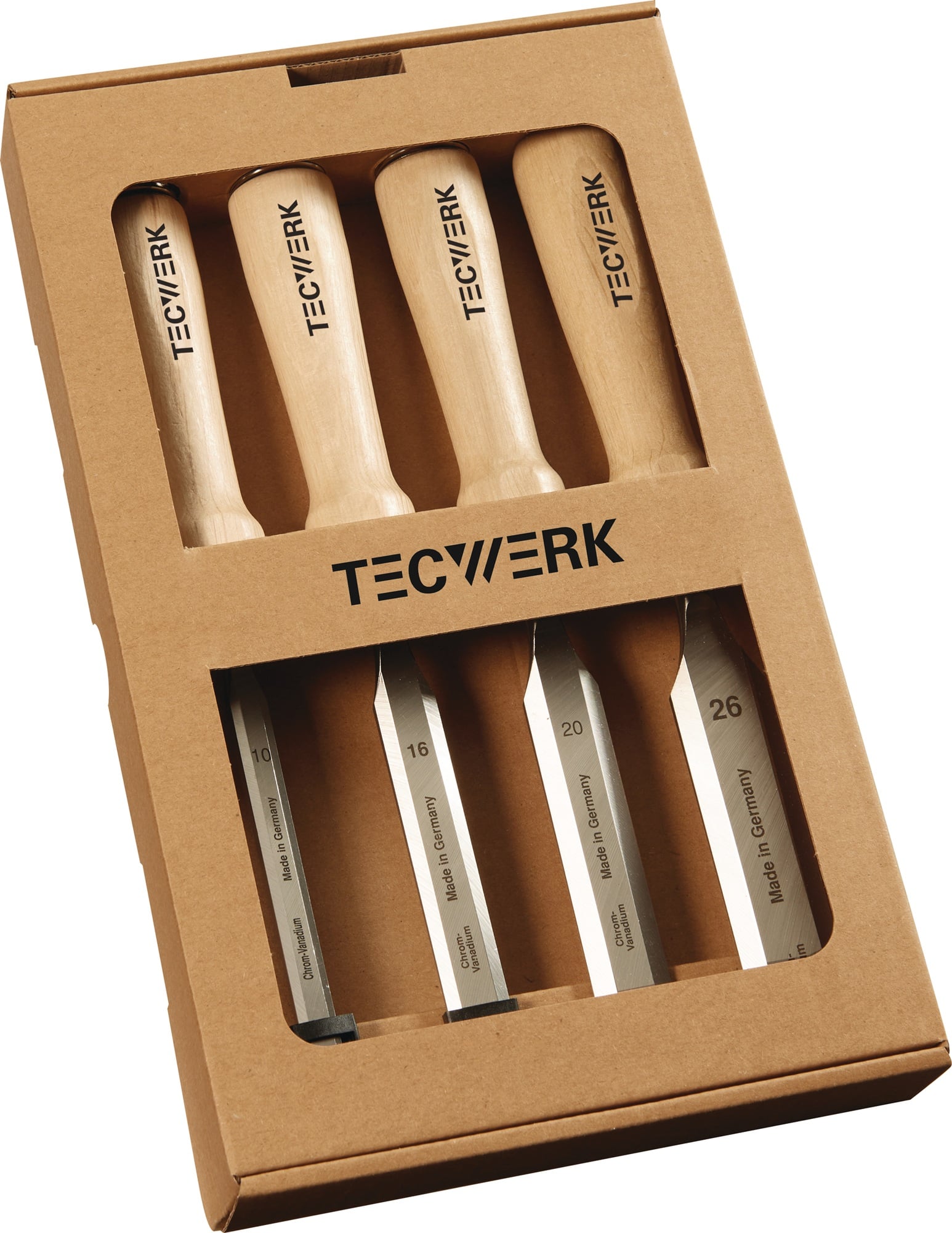 Stechbeitelsatz 10,16,20,26mm Weißbuchenh.Ulmer Form 4-tlg.Fensterkarton TECWERK
