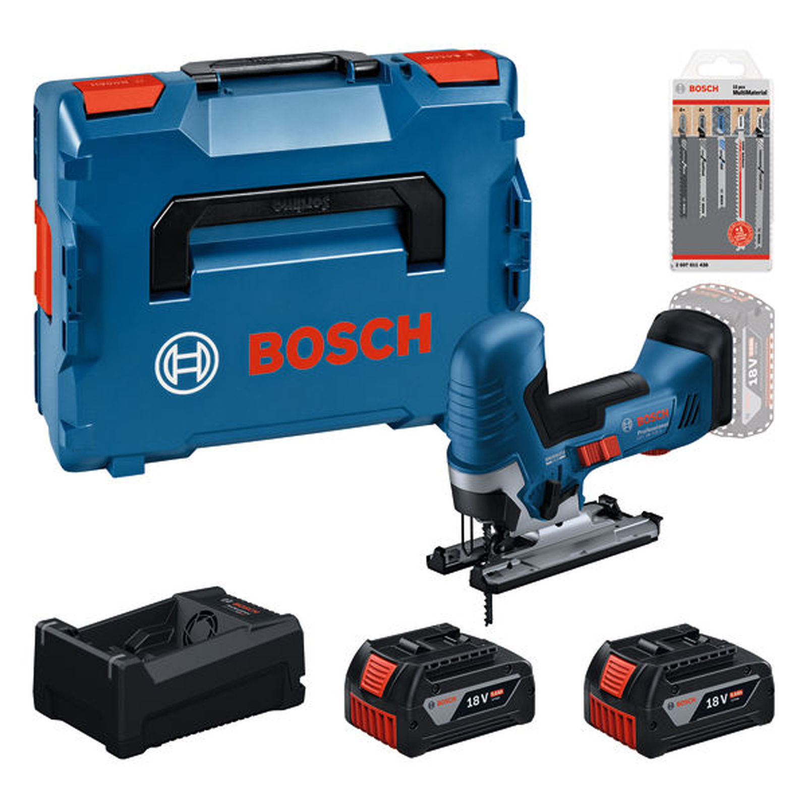 Bosch Werkzeug-Set: GST 18V-125 S / 2x GBA 5.0Ah + Ladegerät + Stichsägeblattset in L-BOXX - 0615A500E5