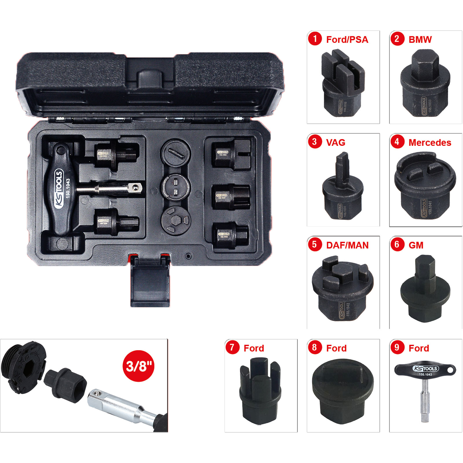 KS TOOLS 3/8" Öldienst-Spezialprofil-Satz für Kunststoff-Ölablassschrauben, 9-tlg - 150.1040