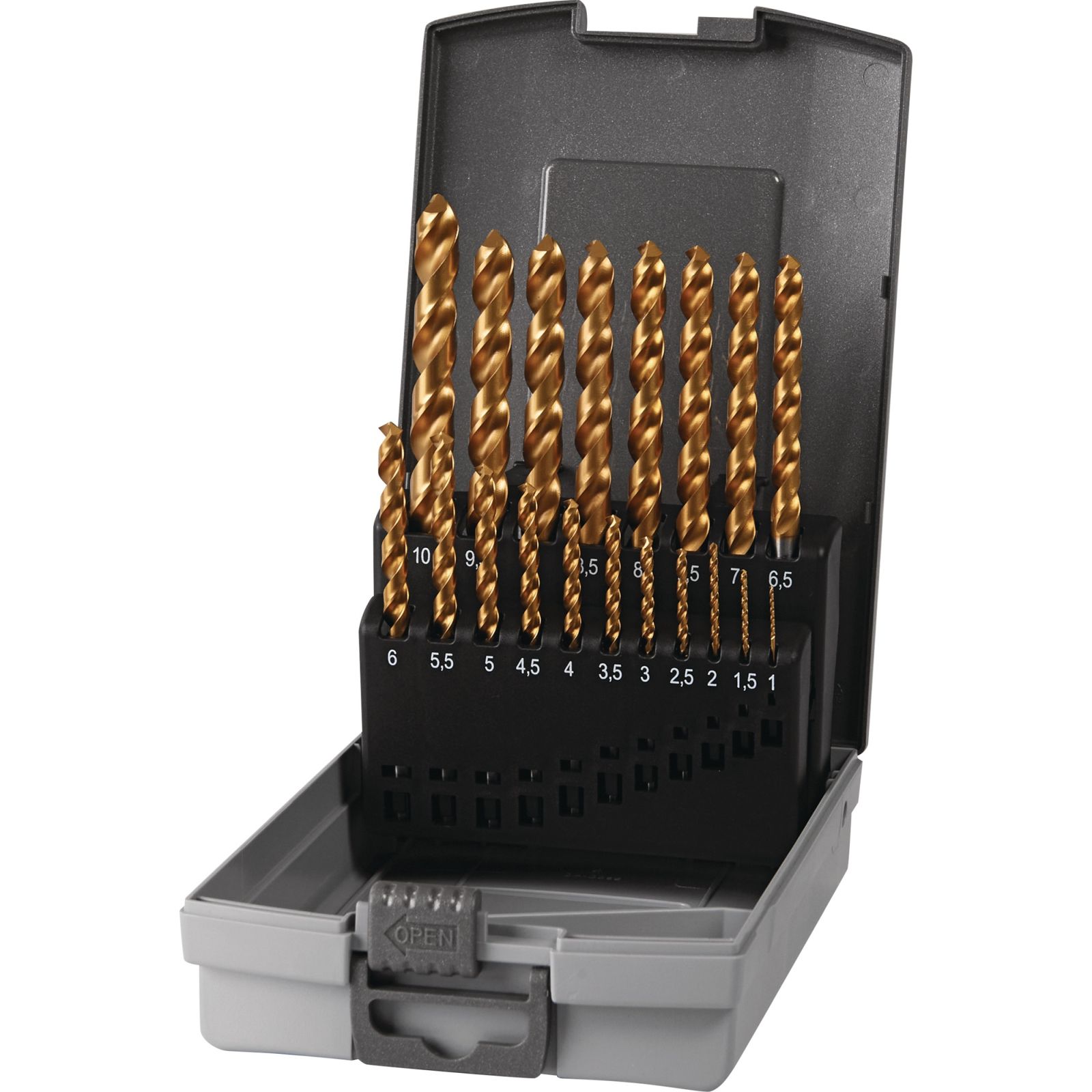 Spiralbohrersatz DIN 338 Typ UNI D.1-10x0,5mm HSS-Co TiN 19-tlg.Ku.-Kass.TECWERK