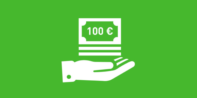 Hand mit Geldschein-Symbol auf grünem Hintergrund für 100 Euro Cashback