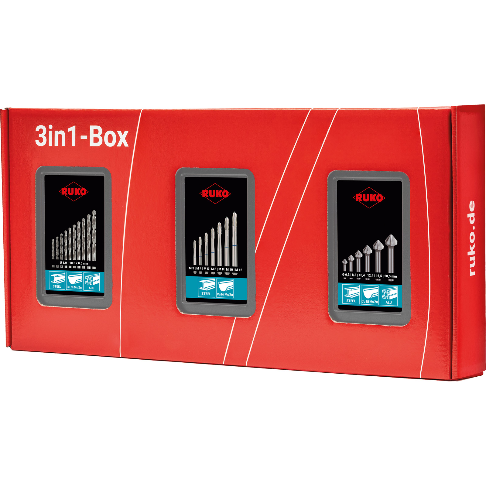 RUKO 3in1-Box HSS - Bohren, schneiden, senken - Komplettset für Gewindeschneiden – 131003