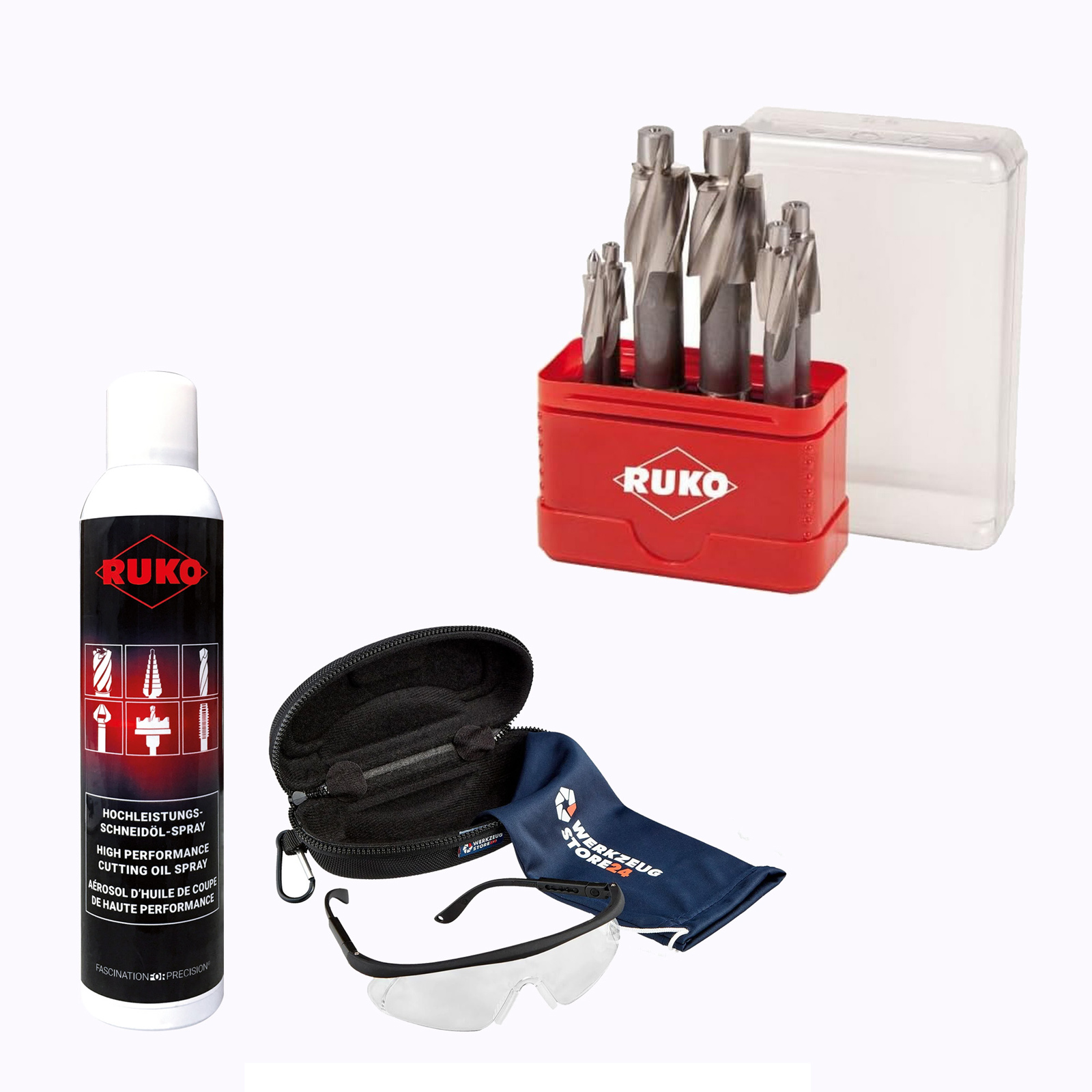 RUKO Flachsenker-Satz DIN 373 HSS mit Zylinderschaft 6tlg. inkl. Spray & Schutzbrille - WZS102453