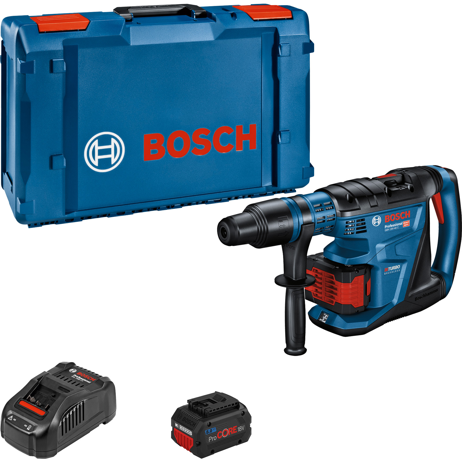Bosch Akku-Bohrhammer BITURBO GBH 18V-40 C mit SDS max 2x 8,0 Ah ProCORE18V Akku + Ladegerät in XL-Boxx - 0611917102