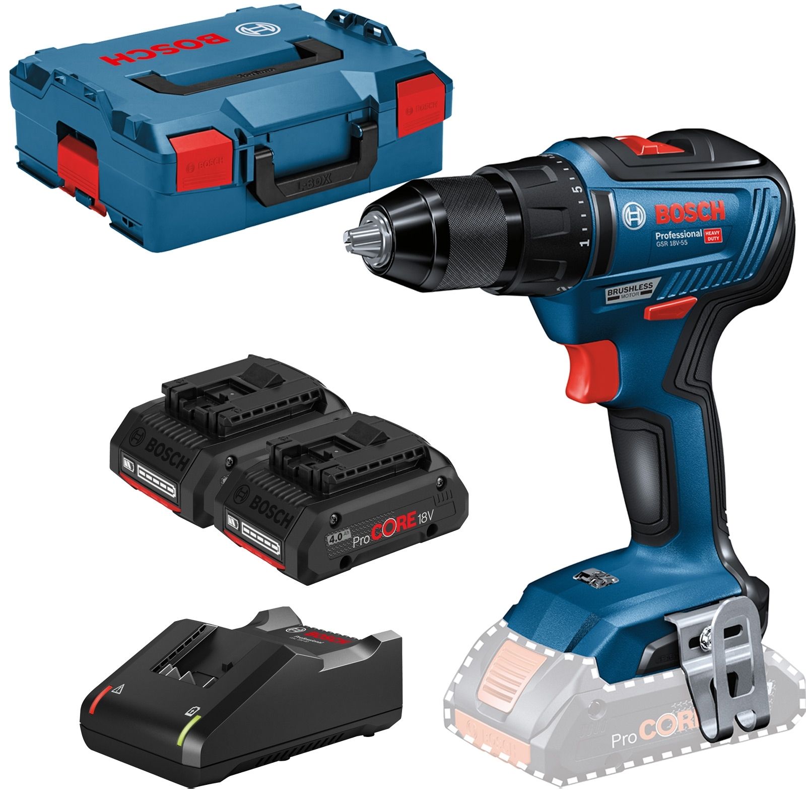 Bosch Akku-Bohrschrauber GSR 18V-55 / 2x 4,0 Ah ProCORE18V Akku + Ladegerät in L-Boxx - 06019H5204