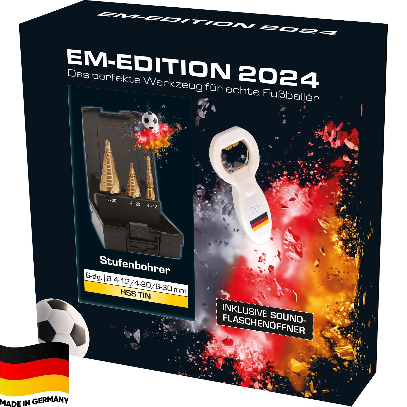 EXACT Stufenbohrer-Set "EURO2024" Ø4-12/4-20/6-30mm, Spiralnute, HSS-TiN, 3-tlg., inkl. Sound-Flaschenöffner