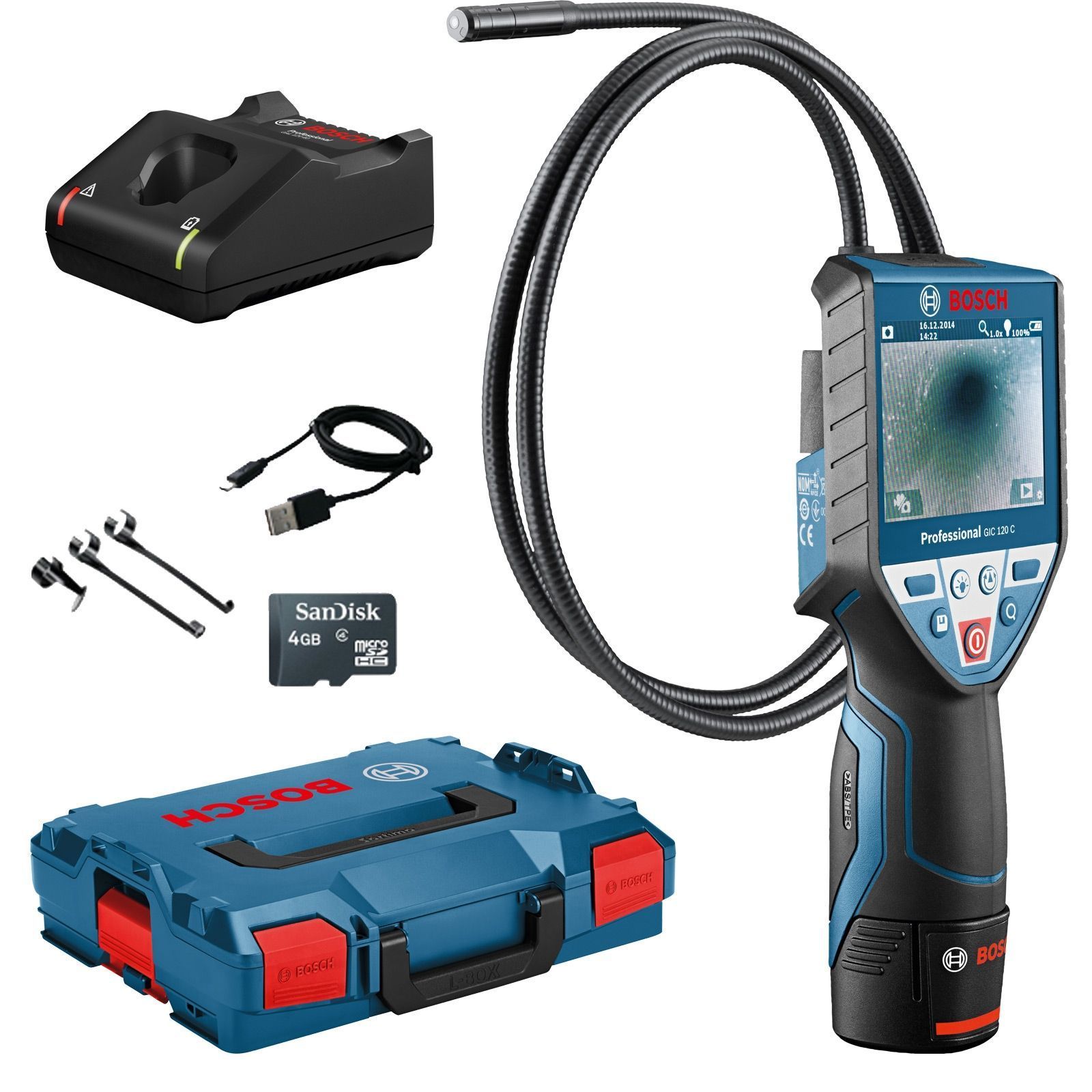 Bosch Akku-Inspektionskamera GIC 120 C 12 V / 1x 2,0 Ah Akku + Ladegerät inkl. Zubehör-Set in L-Boxx - 0601241201