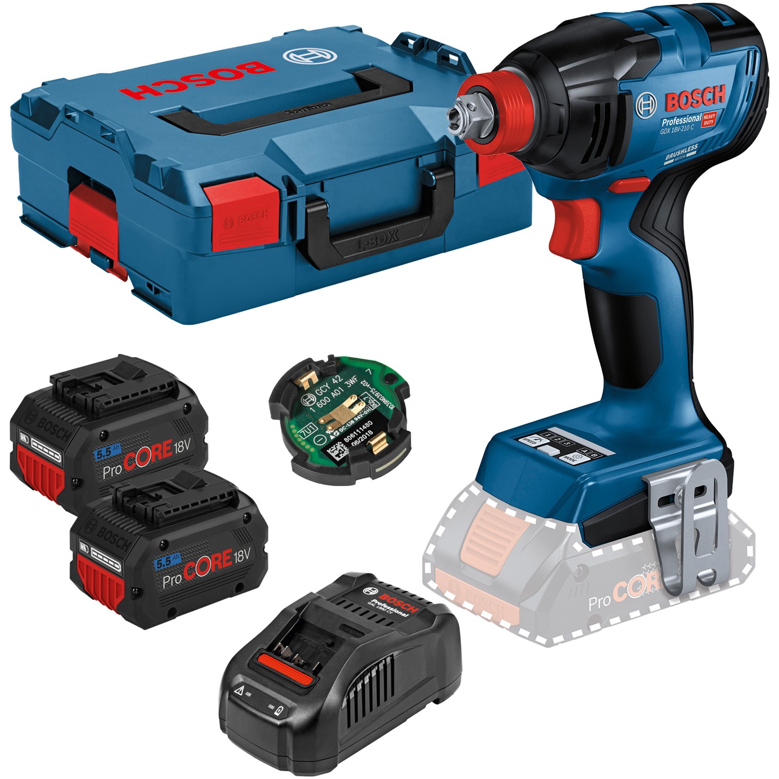 Bosch Akku-Drehschlagschrauber GDX 18V-210 C / 2x 5,5 Ah ProCORE18V Akku + Ladegerät inkl. GCY 42 in L-Boxx