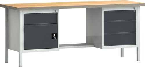 KLW-LUTZ BETRIEBSEINRICHTUNGEN Werkbank PW700 B2000xT700xH840mm Buche Multiplex grau anthrazitgrau 4Schubl.1Tür - WNS202N-2000M40-E2072 7035/701