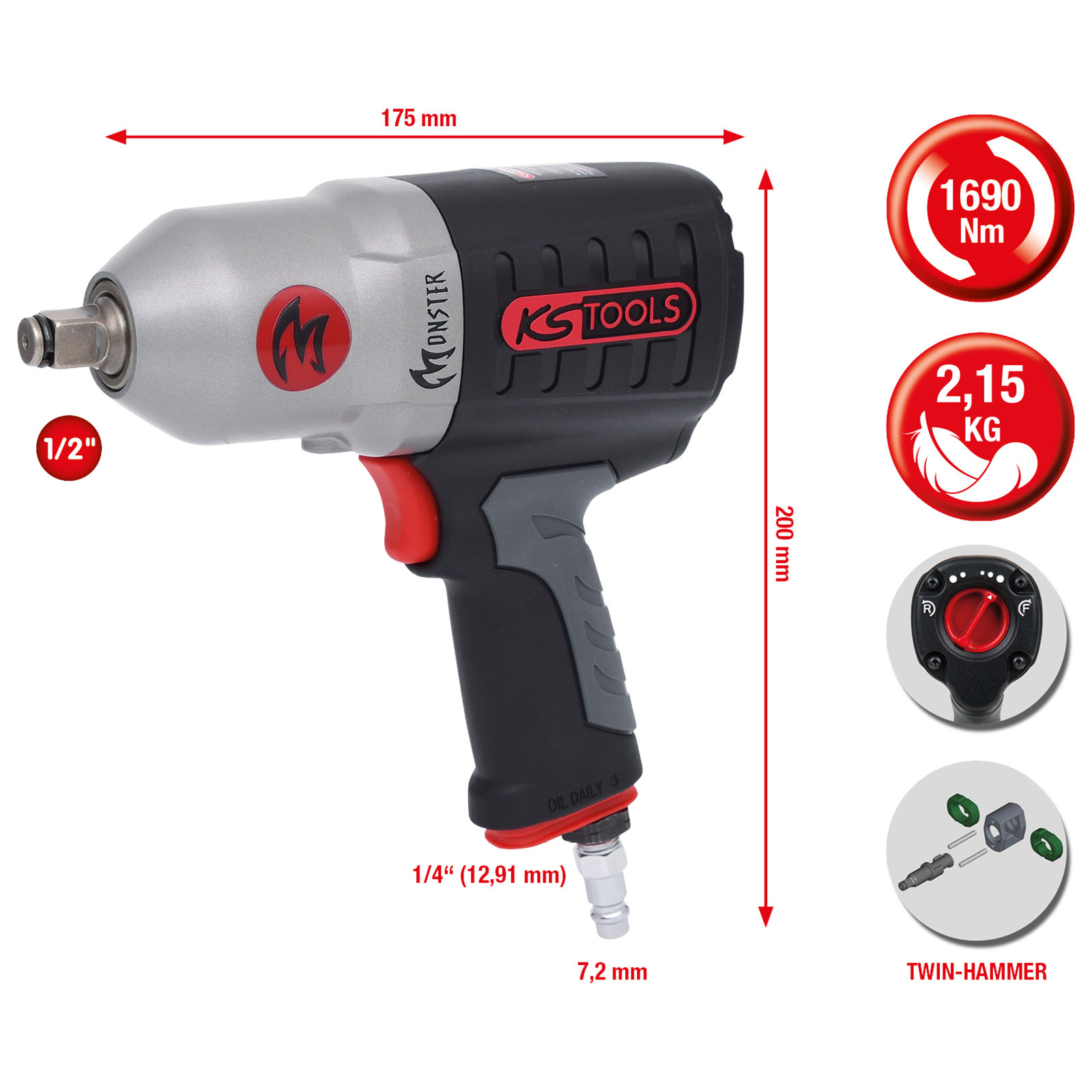 KS TOOLS 1/2" Monster Hochleistungs-Druckluft-Schlagschrauber 1.690 Nm - 515.1210