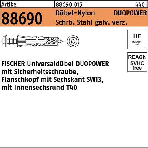 Dübel R 88690 6-kt-Schr. DUOPOWER 10x50 S Schr.verz./Dübel-Nylon 25St. FISCHER