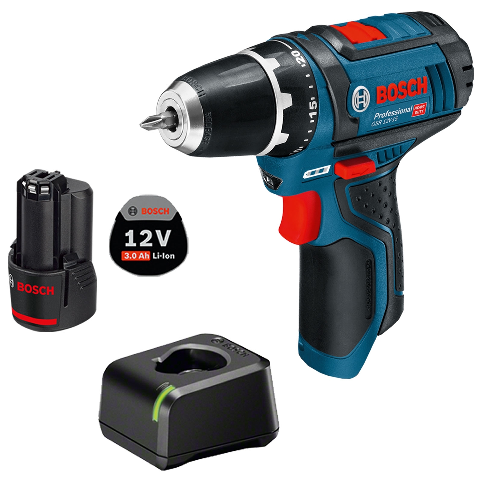 Bosch Akku-Bohrschrauber GSR 12V-15 / 1x 3,0 Ah Akku + Ladegerät 