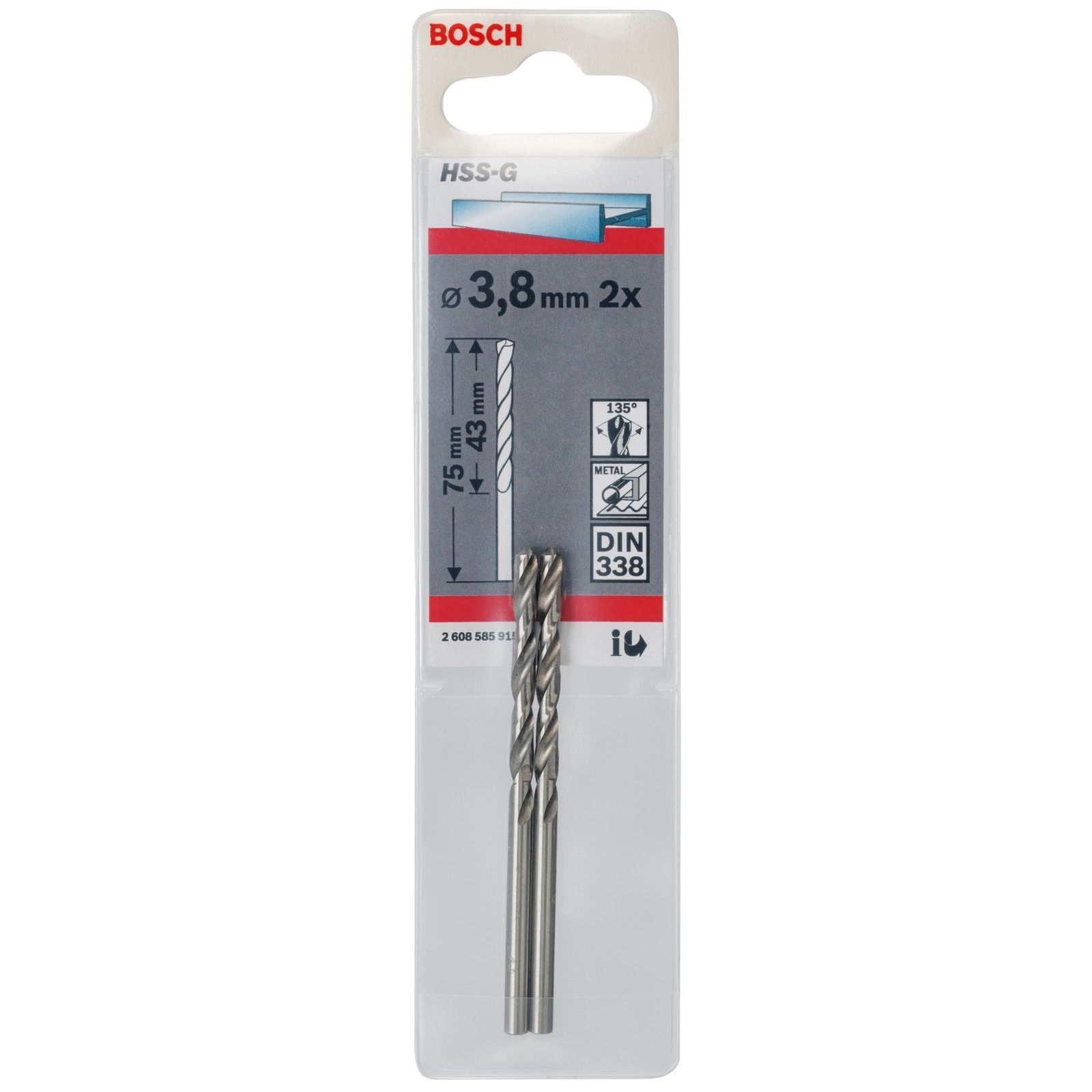 Bosch 2x Metallbohrer HSS-G DIN 338 3,8 x 43 x 75 mm - 2608585915