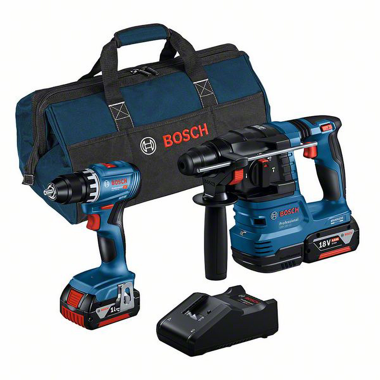 Bosch Combo Kit Akku-Bohrschrauber GSR 18V-45 + Akku-Bohrhammer GBH 18V-22 mit SDS plus / 2x 4,0 Ah Akku + Ladegerät inkl. Tasche - 0615A50038