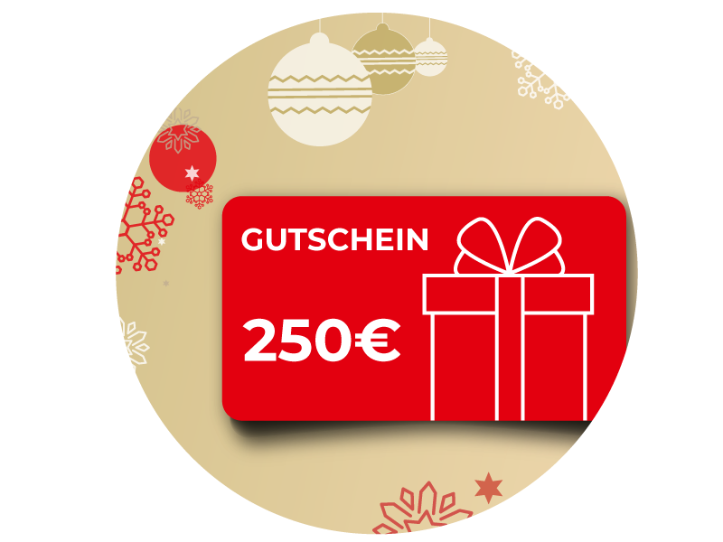 250 Euro Gutschein vor weihnachtlichem Hintergrund