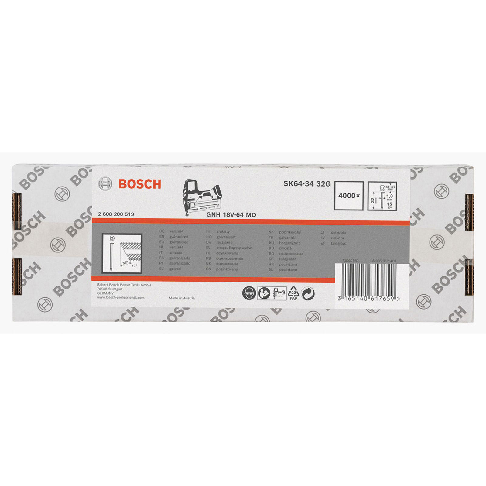 Bosch DA Senkkopf-Stift SK64-34 32G, 1,8mm, 32 mm, verzinkt, 4000er-Pack - 2608200519