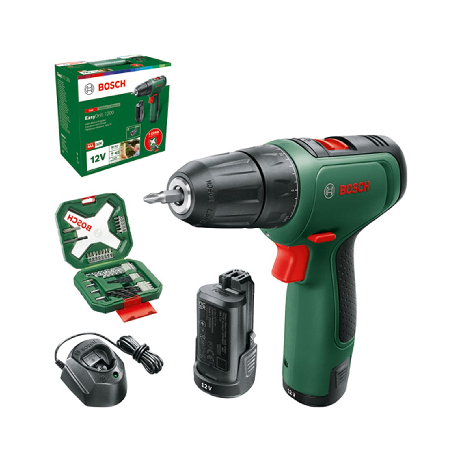Bosch Akku-Bohrschrauber EasyDrill 1200, 2 x Akku PBA 12V 1.5Ah, 34tlg. Zubehör-Set