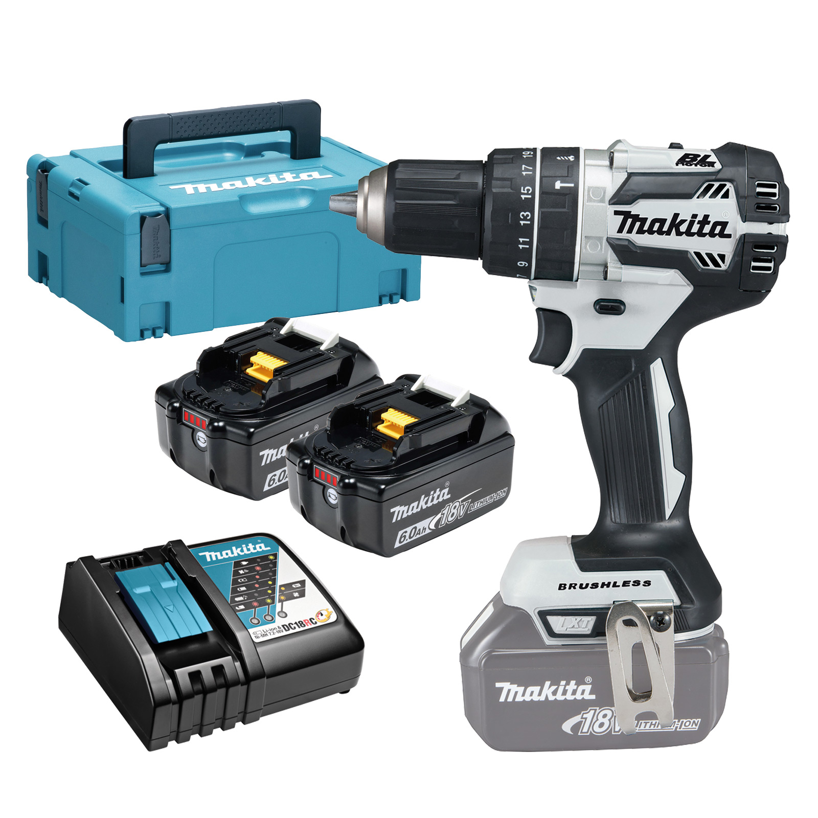 Makita DHP484RGJW Akku-Schlagbohrschrauber 18 V / 2x 6,0 Ah Akku + Ladegerät im Makpac