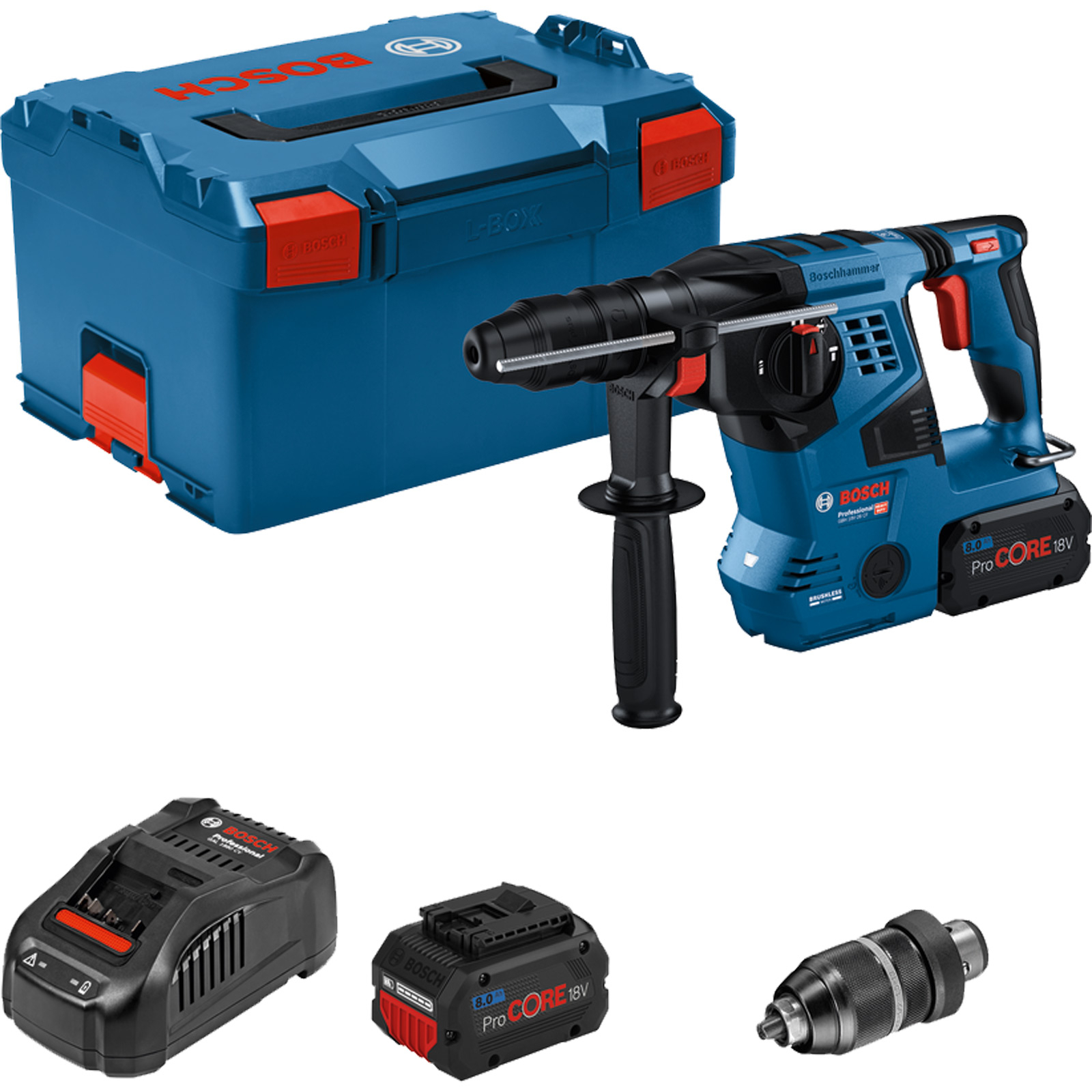 Bosch Akku-Bohrhammer GBH 18V-28 CF mit SDS plus / 2x 8,0 Ah ProCORE18V Akku + Ladegerät in L-Boxx - 0611921002