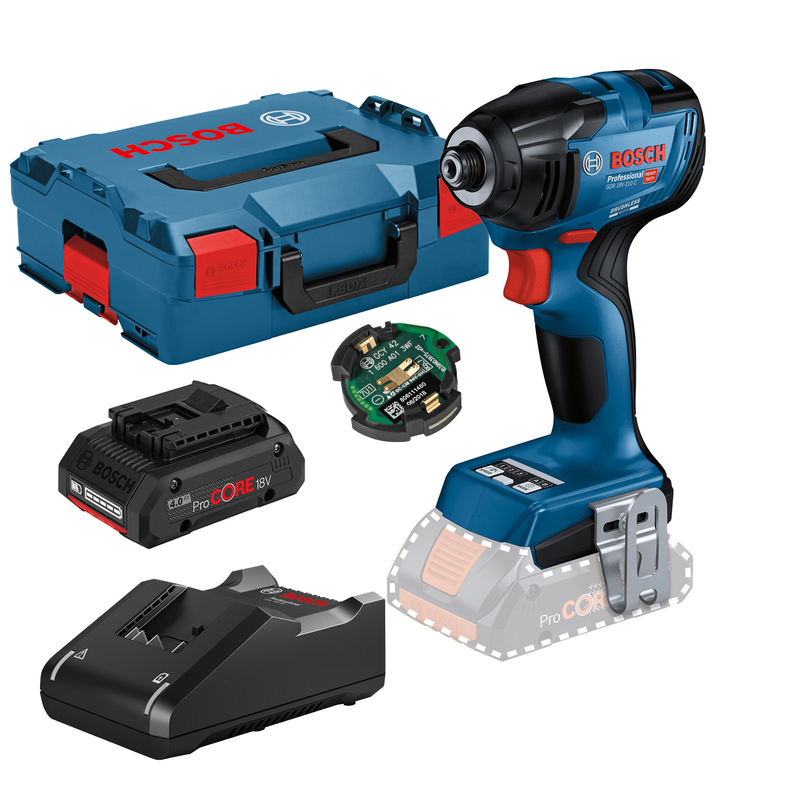 Bosch Akku-Drehschlagschrauber GDR 18V-210 C / 2x 4,0 Ah ProCORE18V Akku + Ladegerät + GCY 42 in L-Boxx - 06019J0102