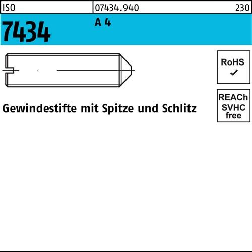 Gewindestift ISO 7434 Spitze/Schlitz M5x 8 A 4 50 Stück