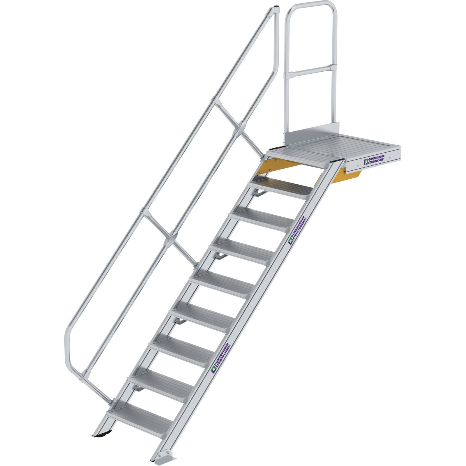 Günzburger Steigtechnik Treppe mit Plattform 45° Stufenbreite 600 mm 9 Stufen Aluminium geriffelt - 600429