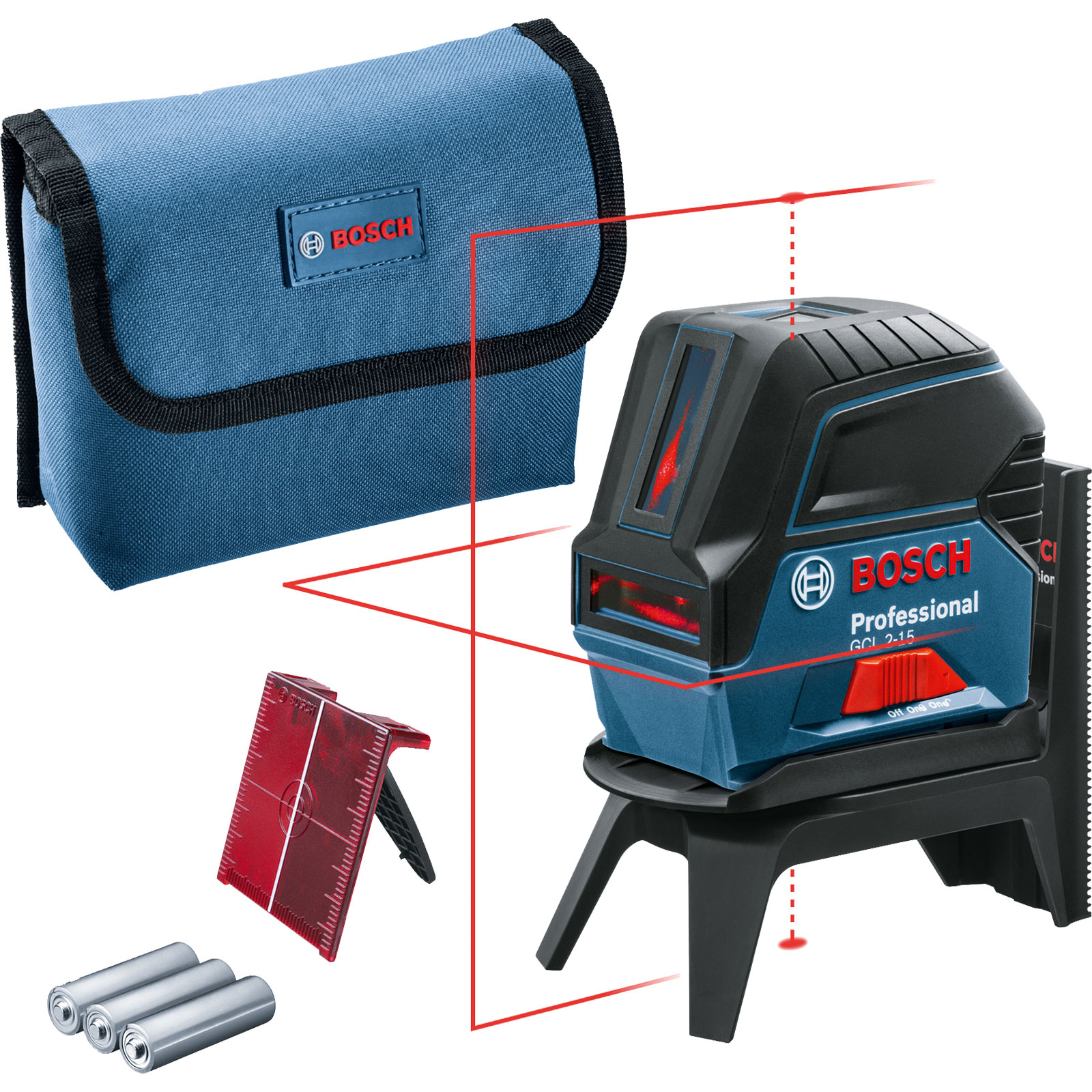 Bosch Kombilaser GCL 2-15 / 3x 1,5 V-LR6-Batterie inkl. RM 1 + Laserzieltafel in Tasche - 0601066E00