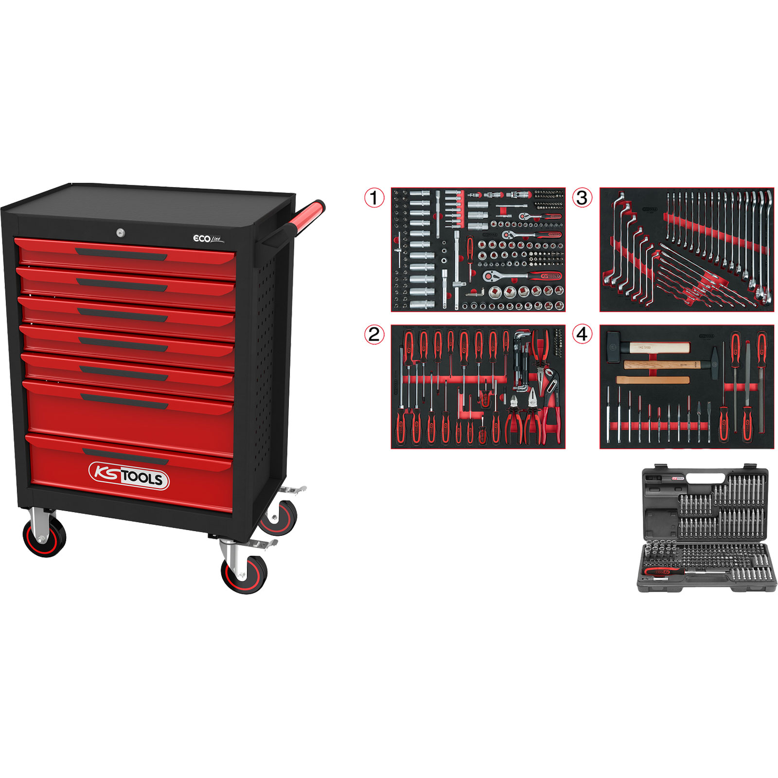 KS TOOLS ECOline SCHWARZ/ROT Werkstattwagen mit 7 Schubladen und 515 Premium-Werkzeugen - 897.7515