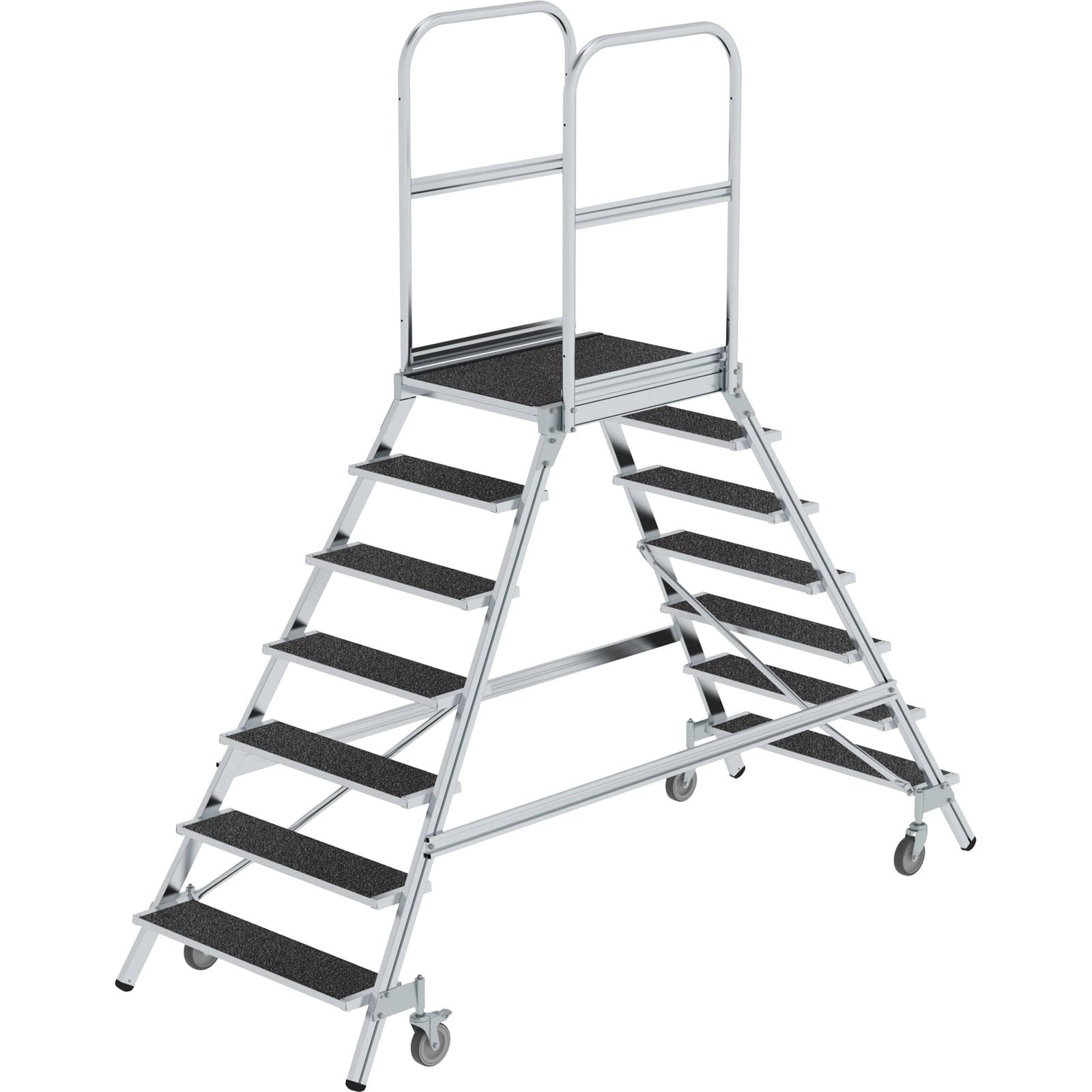 Günzburger Steigtechnik Podesttreppe beidseitig begehbar mit Federrolle Korundbeschichtung R13 2x7 Stufen - 059207