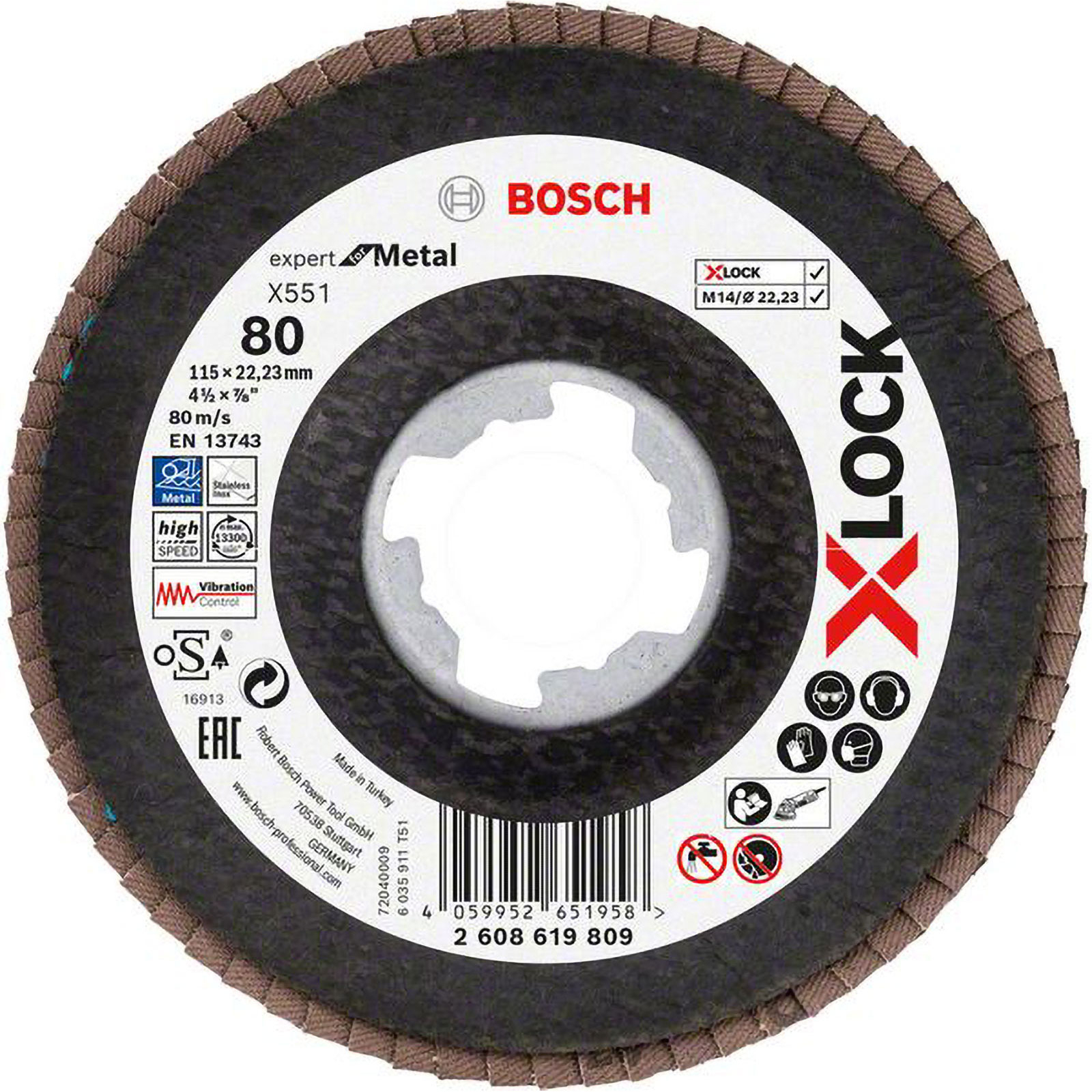 Bosch X-LOCK-Fächerschleifscheibe X551, Expert for Metal, K: 80, Scheibend.: 115 mm - 2608619809