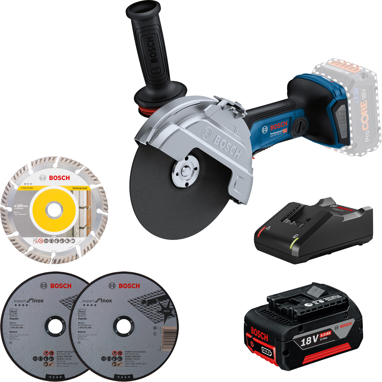 Bosch Akku-Winkelschleifer GWS 18V-180 PC Ø 180 mm / 1x 5,0 Ah + GAL 18V-40
