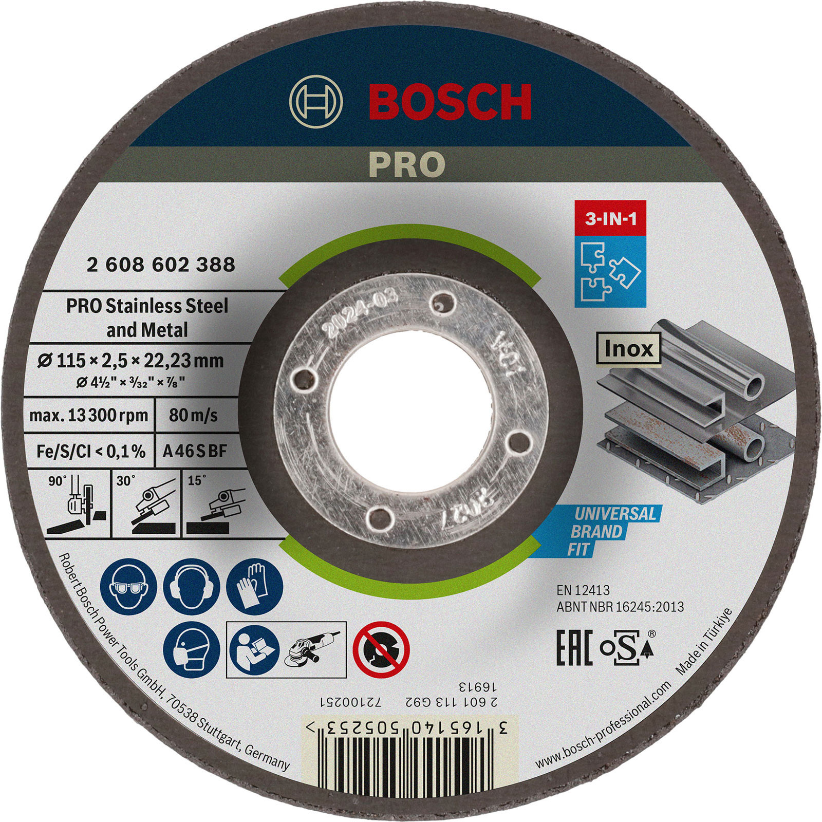 Bosch PRO Stainless Steel and Metal 3-in-1 Disc 115 x 2,5 x 22,23 mm - 2608602388