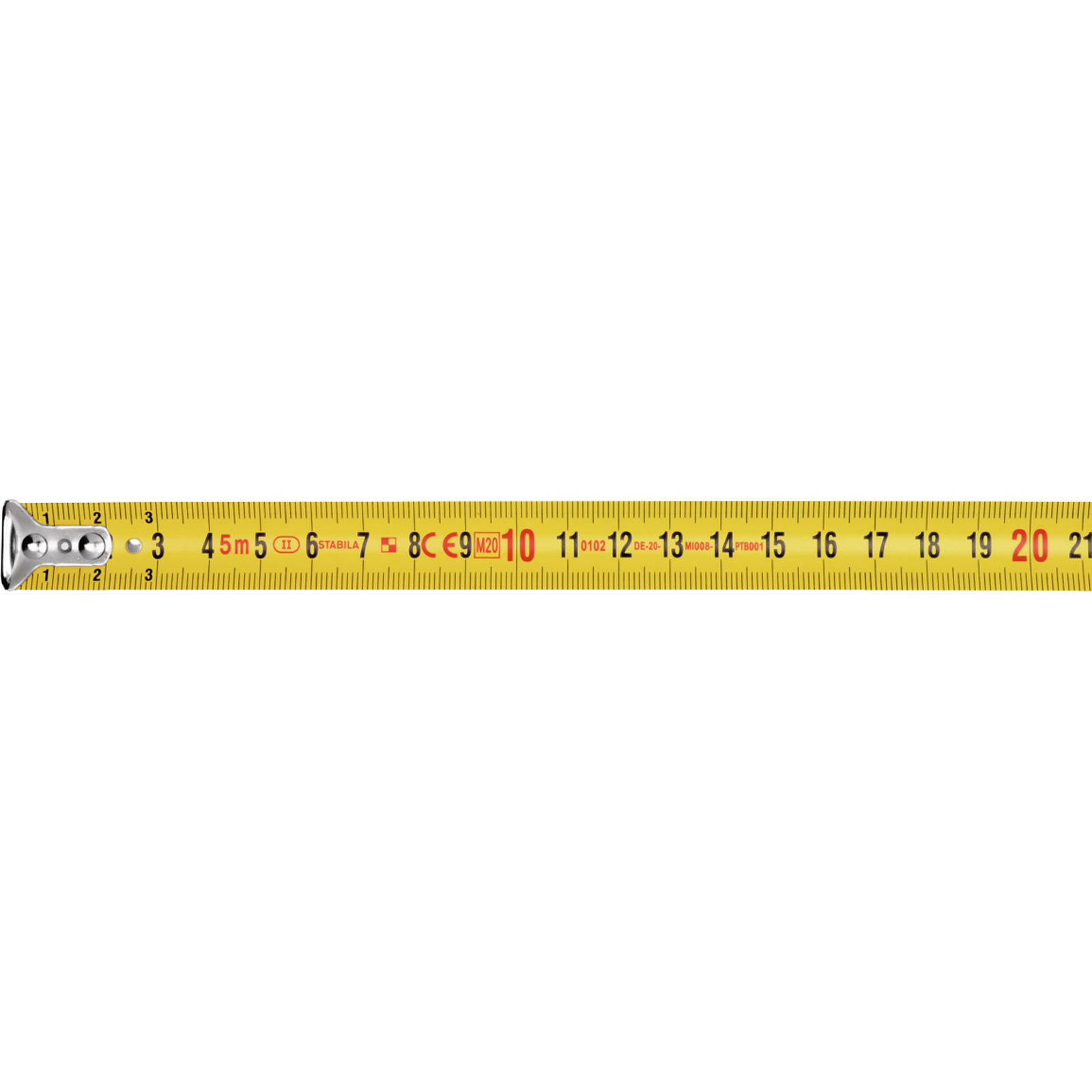 STABILA Taschenbandmaß BM 100, 8 m, Maßband mit metrischer Skala, bruchsicheres ABS-Gehäuse, beweglicher Anfangshaken, Gürtel-Clip, MID-Genauigkeit - 19581