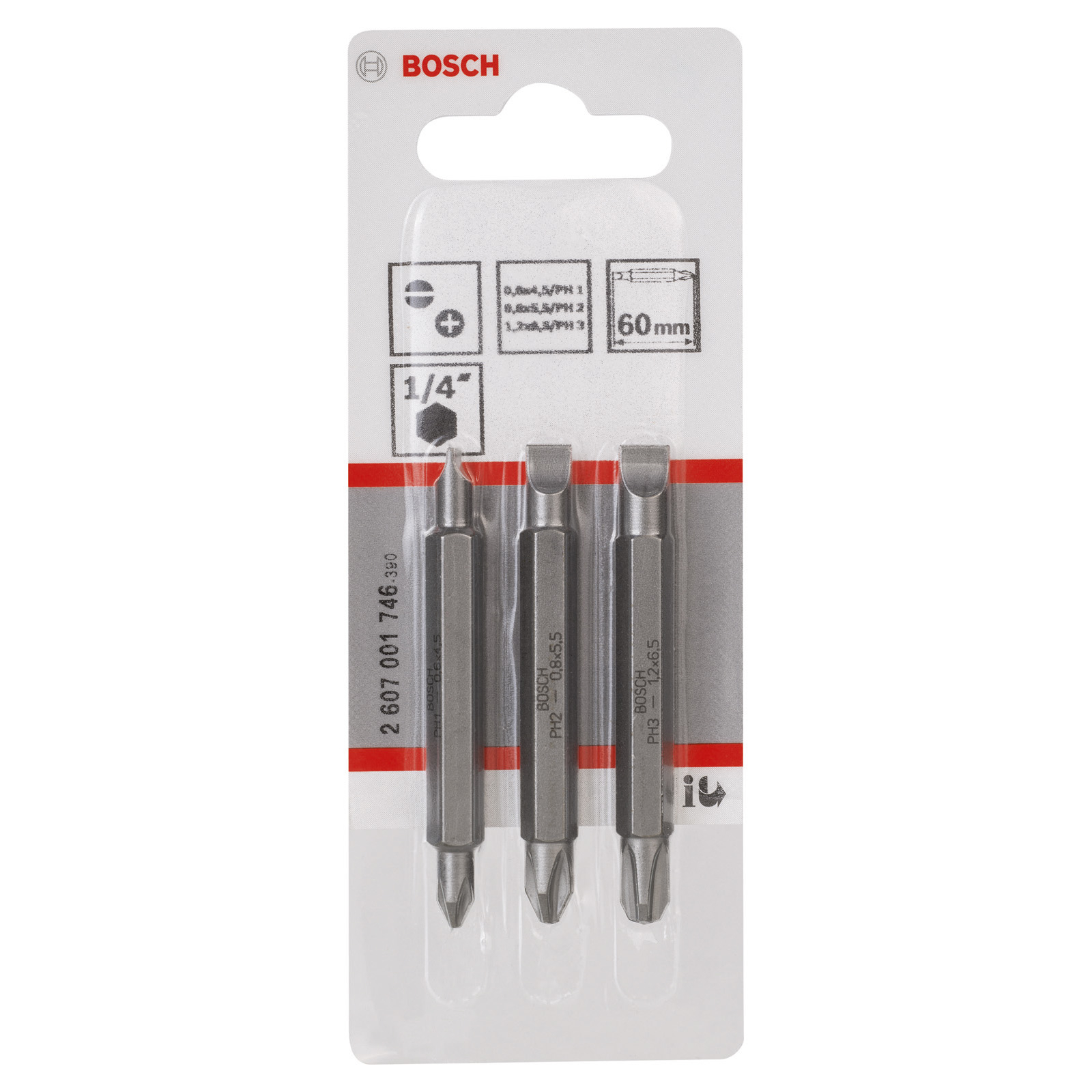 Bosch Doppelklingen-Set, 3tlg. S0,6x4,5, PH1, S0,8x5,5, PH2, S1,2x6,5, PH3, 60 mm - 2607001746