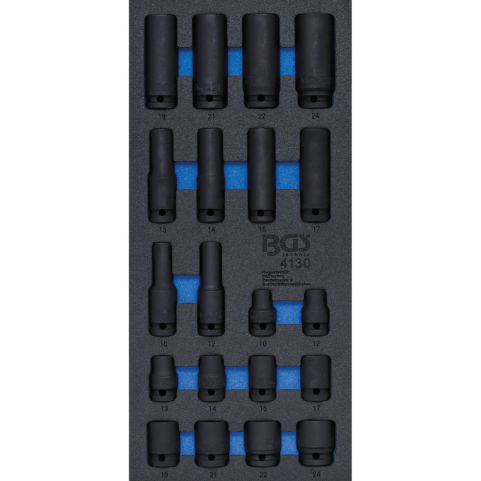 BGS Werkstattwageneinlage 1/3: Kraft-Steckschlüssel-Einsätze Sechskant 12,5 mm (1/2") 10 - 24 mm 20tlg. - 4130