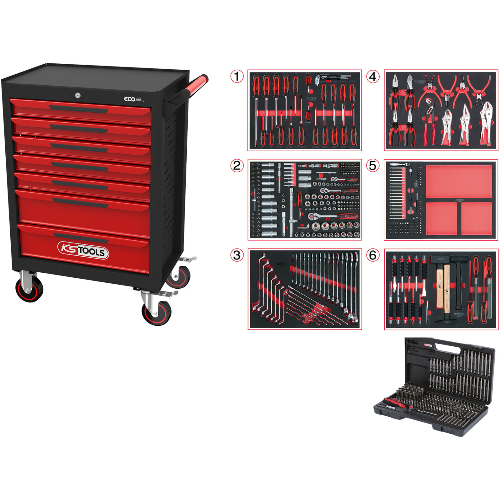 KS TOOLS ECOline SCHWARZ/ROT Werkstattwagen mit 7 Schubladen und 598 Premium-Werkzeugen - 897.7598