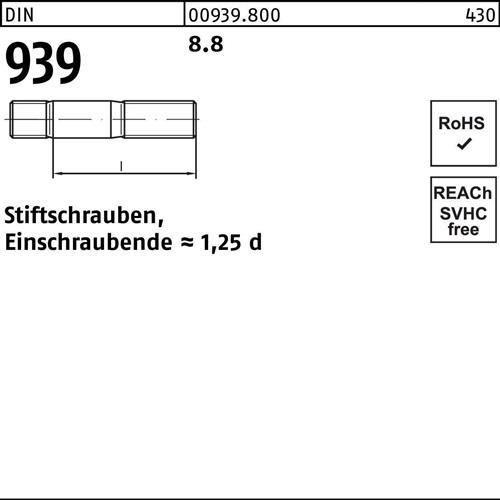 Stiftschraube DIN 939 M8x 30 8.8 Einschraubende=1,25d 50 Stück