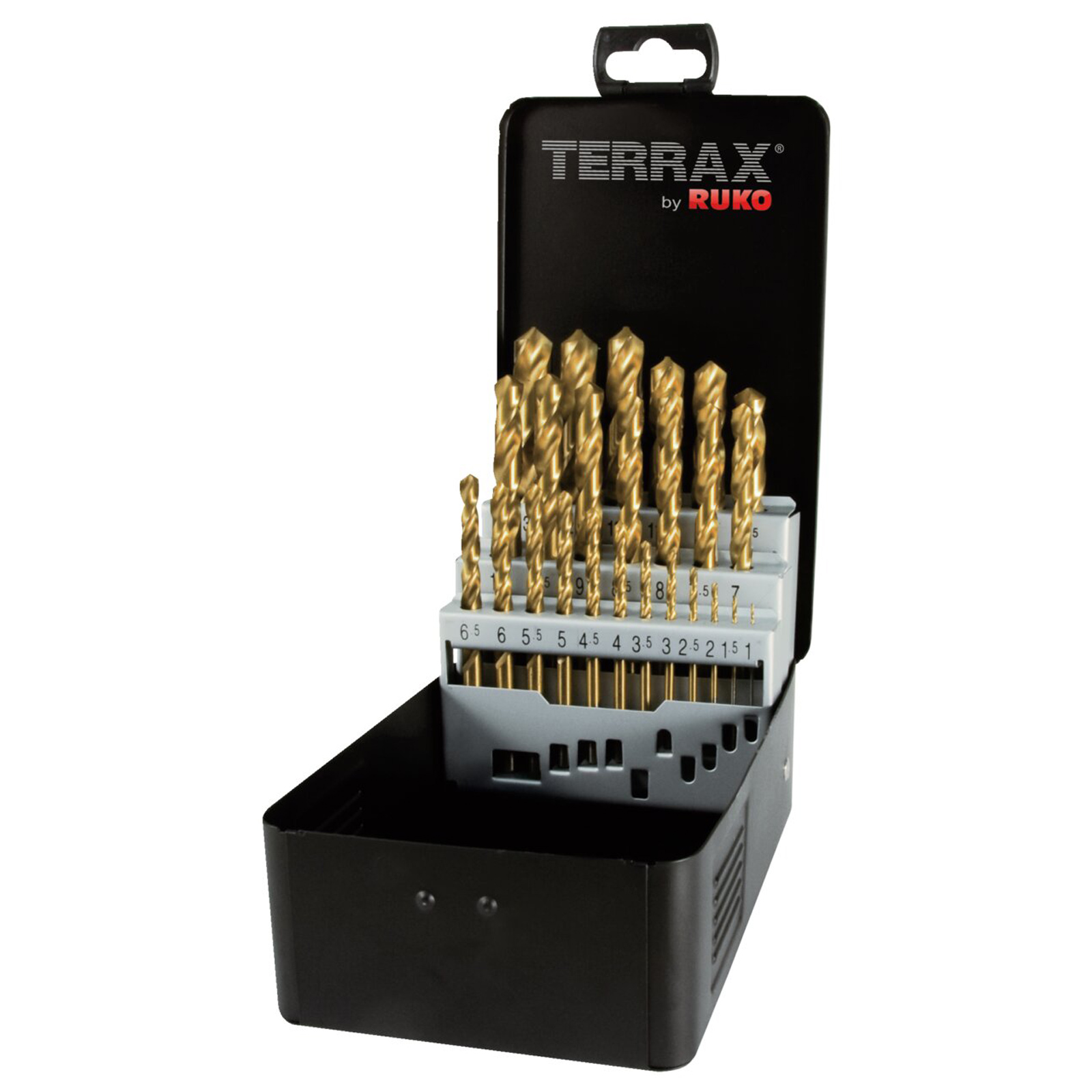 TERRAX by RUKO Spiralbohrer-Satz DIN 338 Typ N, HSS-G TiN - 25 tlg. (Kassette Stahlblech) - A250215T