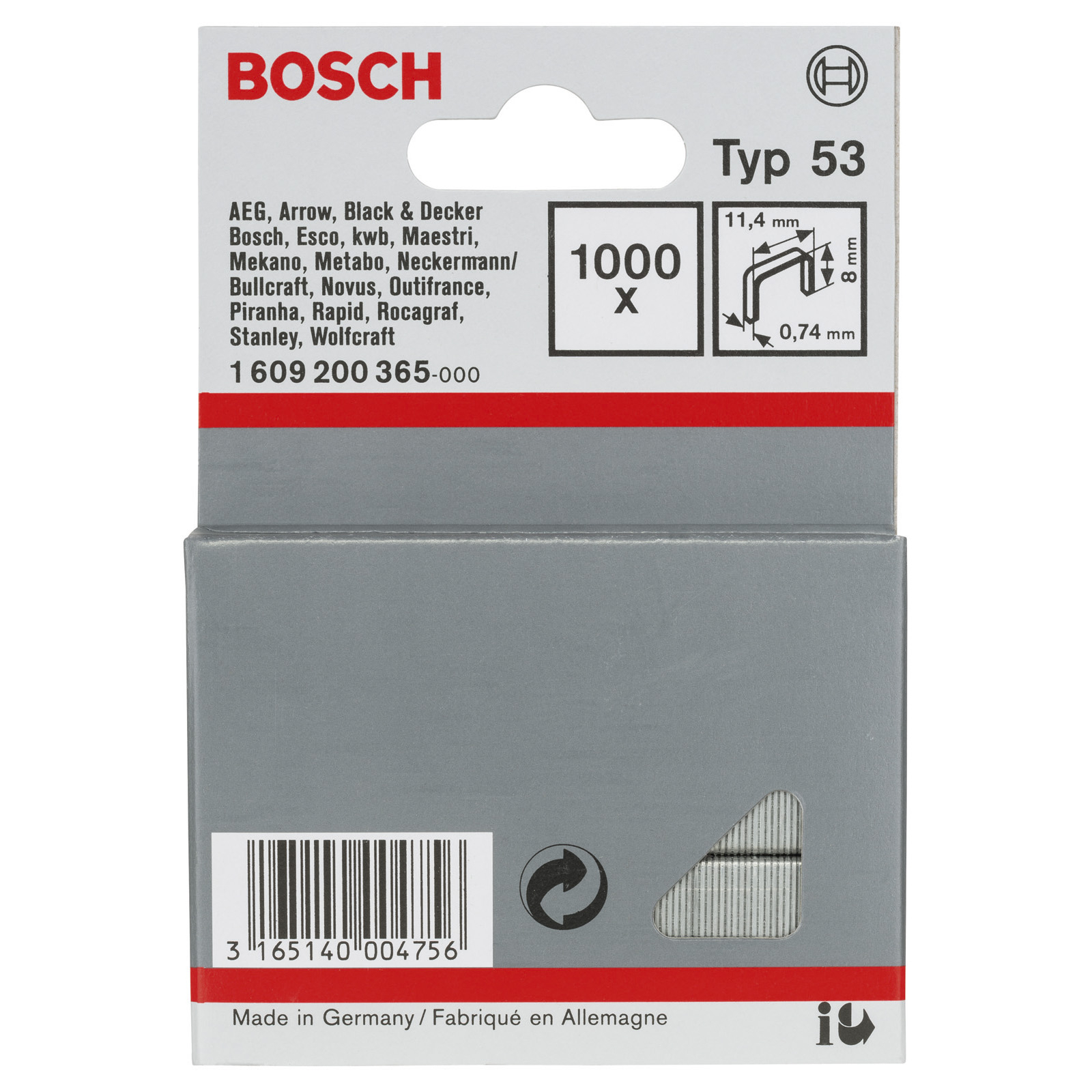 Bosch 1.000x Feindrahtklammer Typ 53, 11,4 x 0,74 x 8 mm - 1609200365