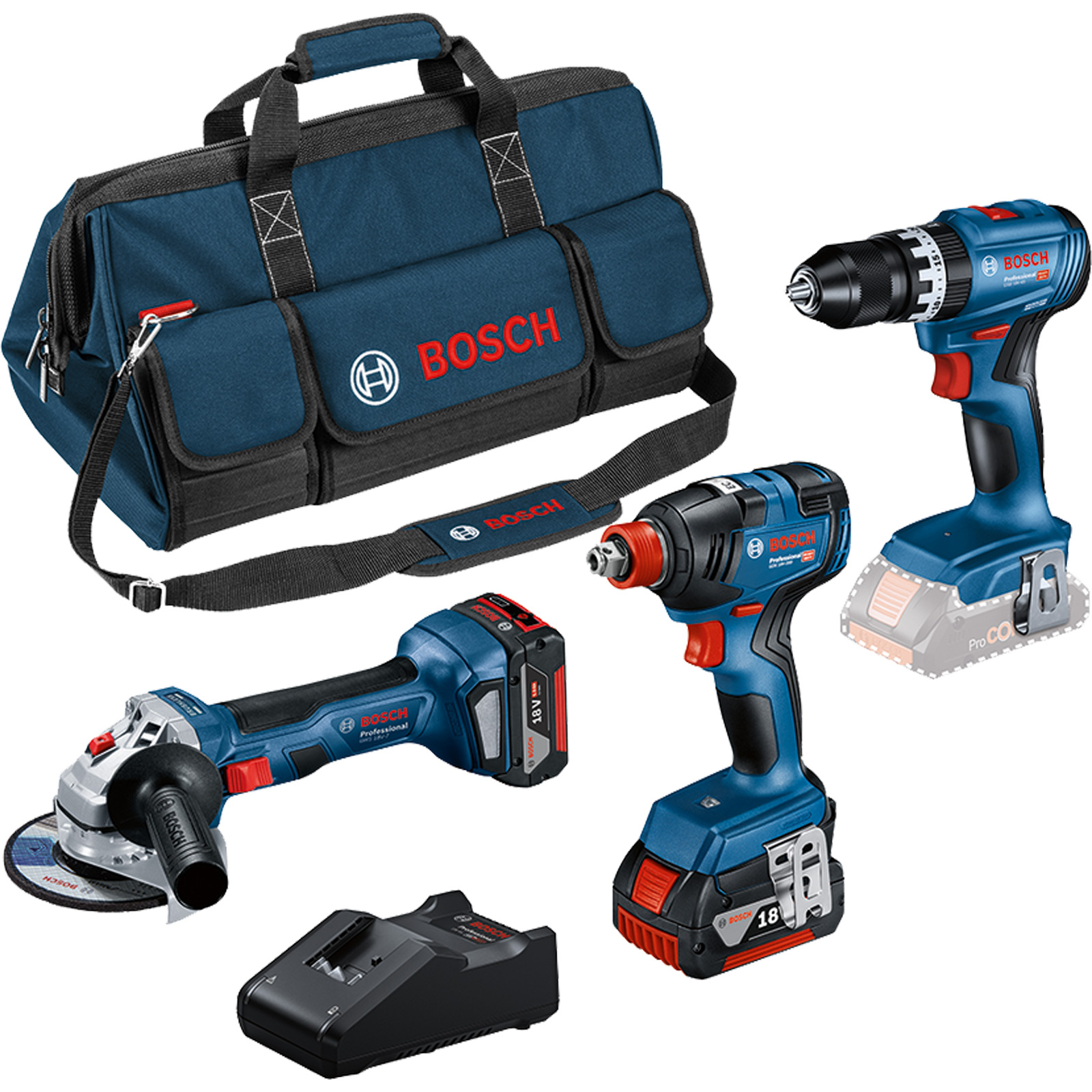 Bosch 18V Profi Set GSB 18V-45 + GDX 18V-200 + GWS 18V-7 / 2x 5,0 Ah + Ladegerät + Tasche - 0615990N31