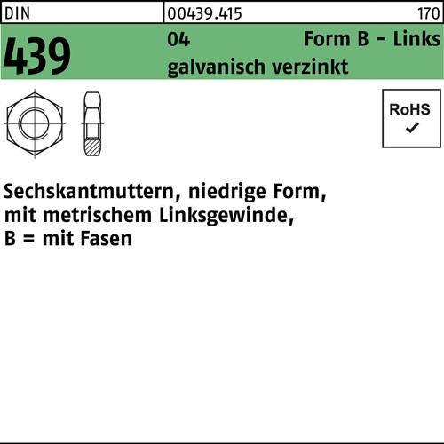 Sechskantmutter DIN 439 FormB links BM 36 Automatenstahl galv.verz. 10St.