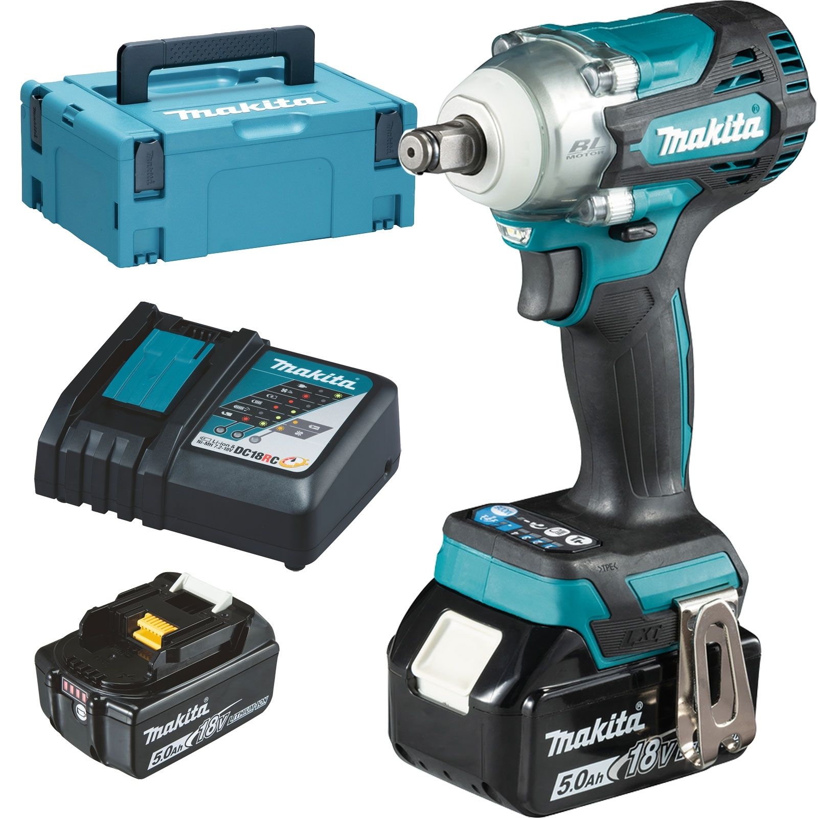Makita DTW300RTJ Akku-Schlagschrauber 18 V / 2x 5,0 Ah Akku + Ladegerät im Makpac