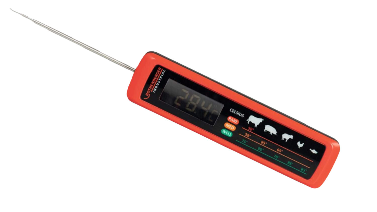 Digitales Grillthermometer mit Display und langer Sonde in Rot-Schwarz