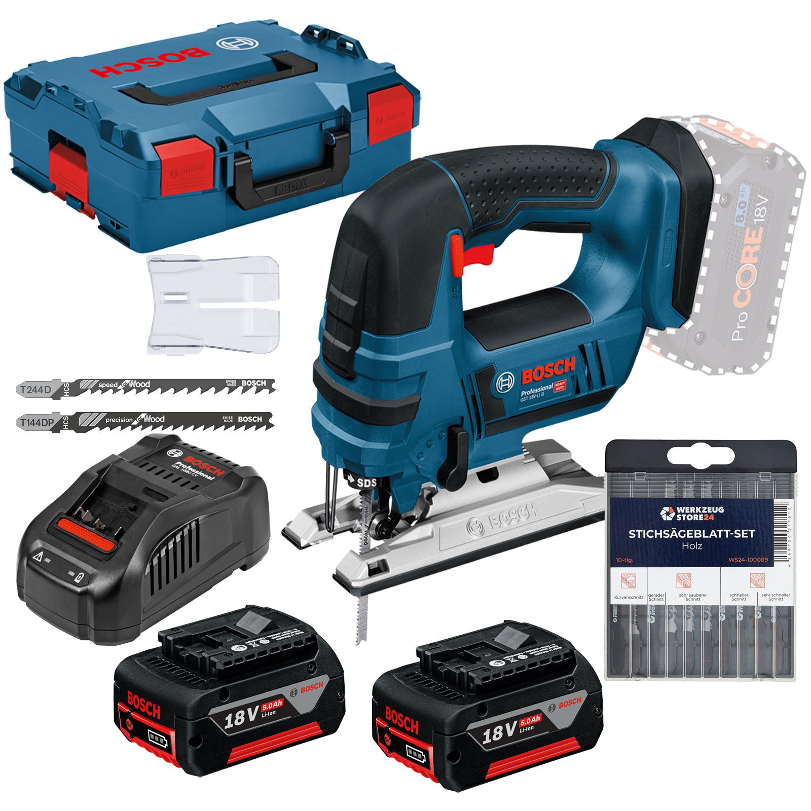 Bosch Akku-Stichsäge GST 18V-LI B / 2x 5,0 Ah Akku + Ladegerät inkl. Stichsägeblatt-Box Holz in L-Boxx