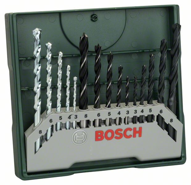 Bosch Mini-X-Line Mixed-Set, 15tlg., 5 Stein-, 5 Metall-, 5 Holzbohrer - 2607019675