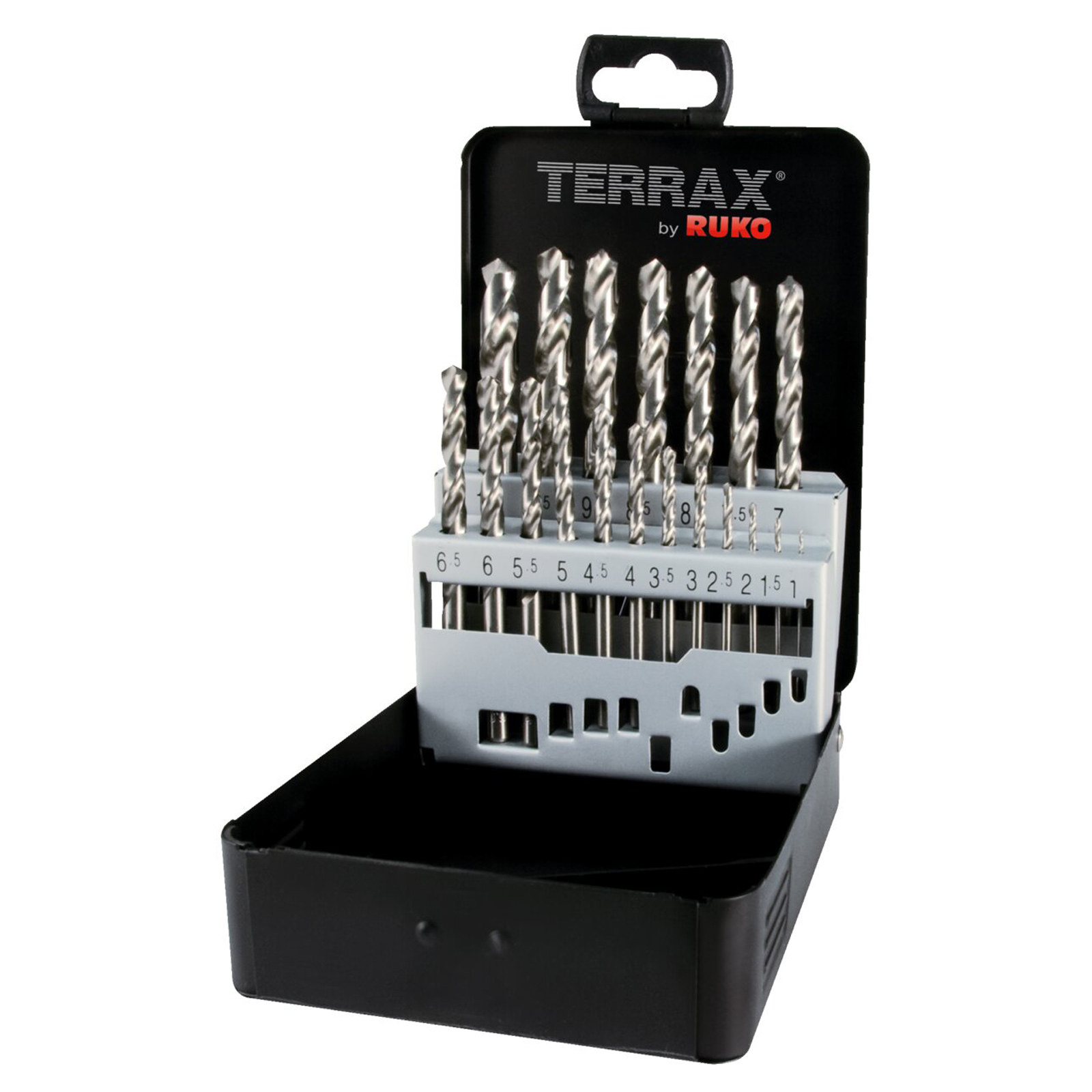 TERRAX by RUKO 5x Spiralbohrer-Satz DIN 338 Typ N, HSS-G - 19 tlg. (Kassette Stahlblech) - A214214